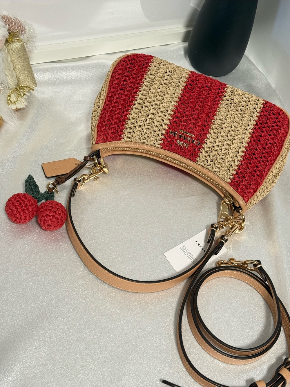 COACH teri shoulder bag with stripes and charm. gold/red/tan CER34 - Picture 9 of 11